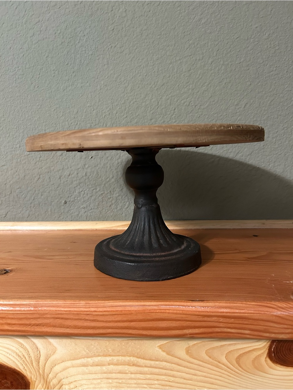 Rustic Black Metal and Natural Wood Pedestal Stand